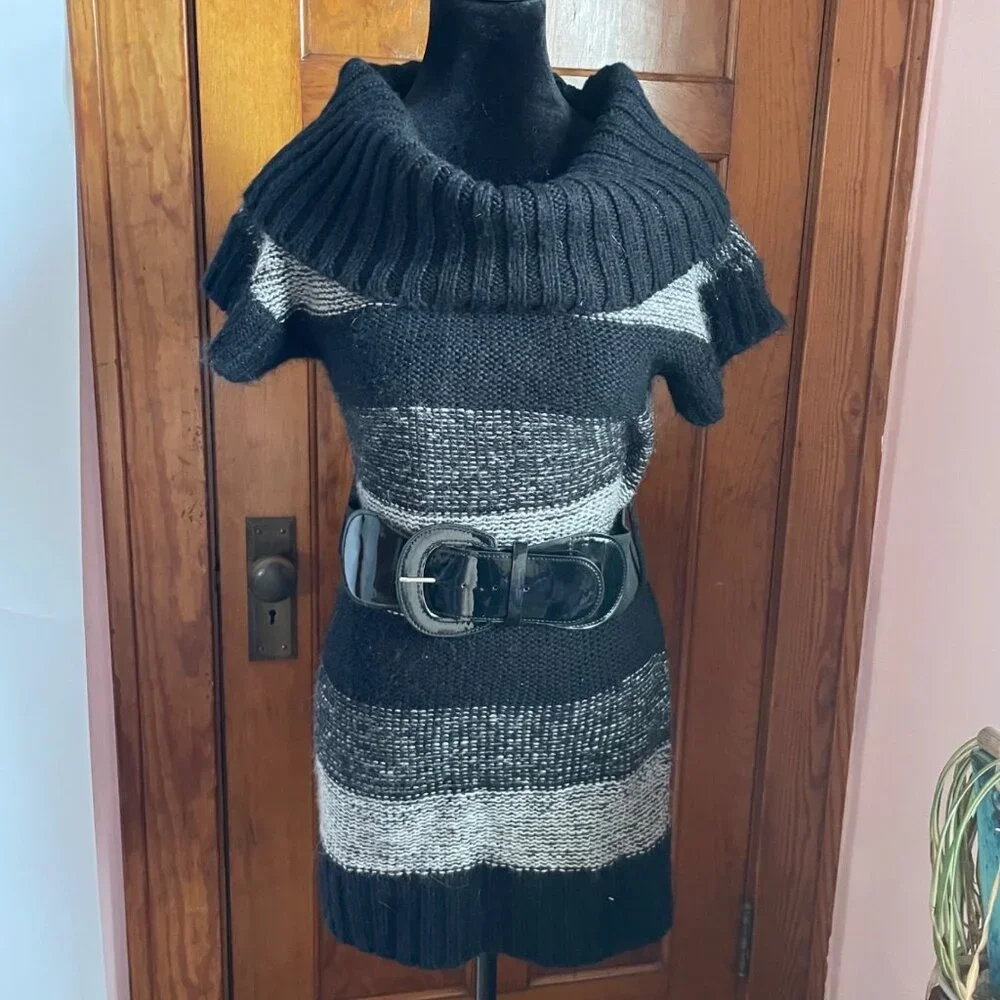 Vintage Y2K Say What Sweater Dress L Cowl Neck Belt Knit Striped Librarian Fall
